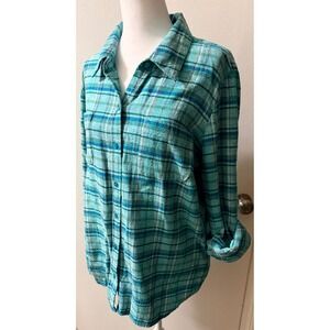 Basic Editions Teal Blue Plaid Cotton Button Down Shirt Womens Size L Lg